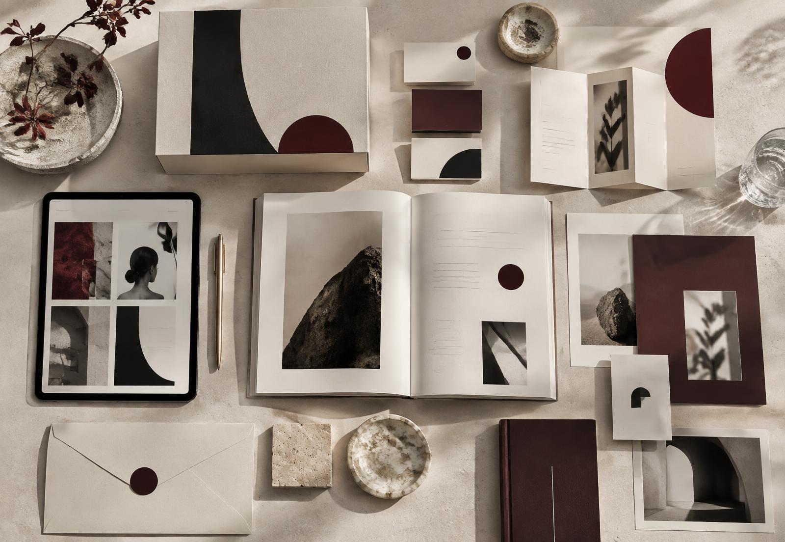 A cohesive visual identity shown across brand collateral and a digital layout